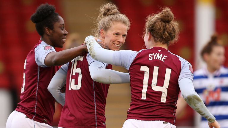 Anita Asante, Nat Haigh, and Emily Syme celebrate after Mana Iwabuchi&#39;s goal for Aston Villa Women against Reading  