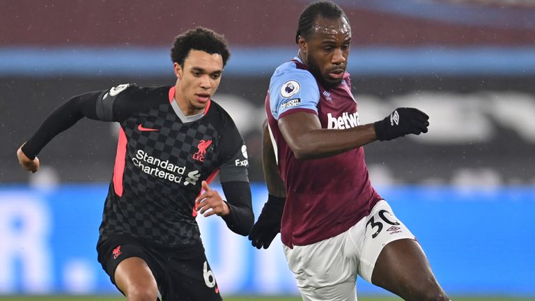 Michail Antonio and Trent Alexander-Arnold in action