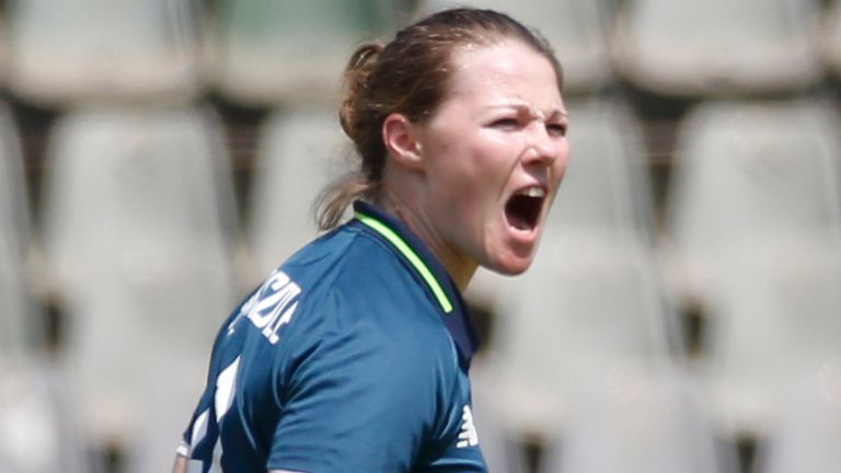 AP Images - England's Anya Shrubsole celebrates the dismissal of India's Jemimah Rodrigues during the second one-day international cricket match between India and England in Mumbai, India, Monday, Feb 25, 2019. (AP Photo/Rafiq Maqbool)