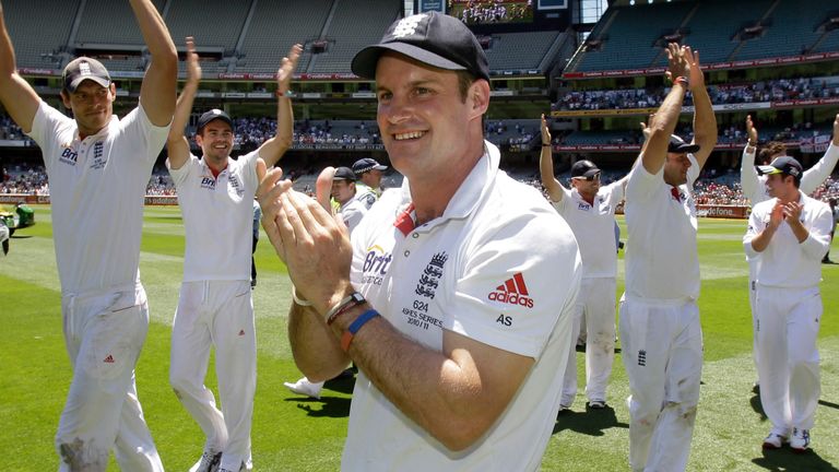 England's captain Andrew Strauss, center, celebrates with teammates at the end of the fourth Ashes cricket test against Australia at the MCG in Melbourne, Wednesday, Dec. 29, 2010. England win by an innings an 157 runs and retain the Ashes. (AP Photo/Rick Rycroft)