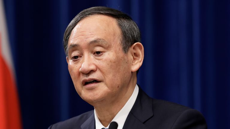 Yoshihide Suga, Japan's prime minister, speaks during a news conference