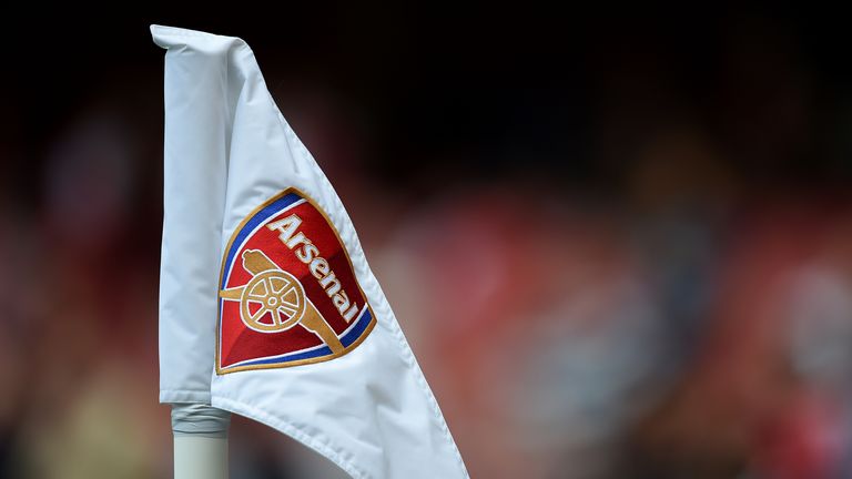 General view of the Arsenal club badge and emblem on a corner flag in the Emirates Stadium
