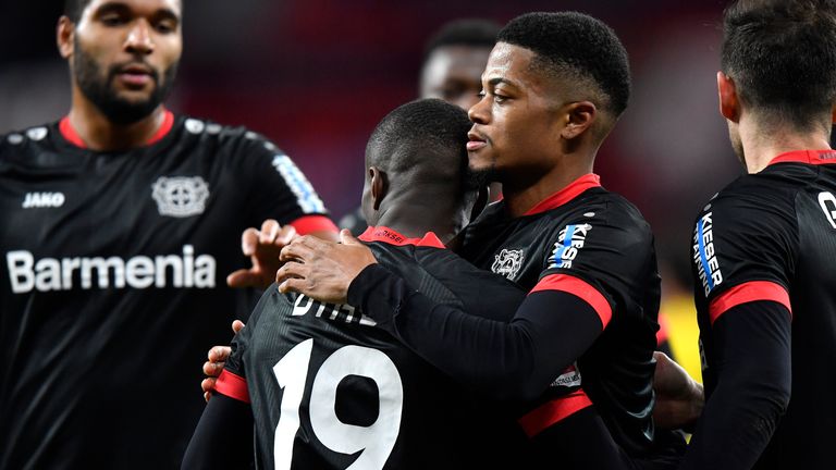 Moussa Diaby celebrates his goal with Leon Bailey and Jonathan Tah