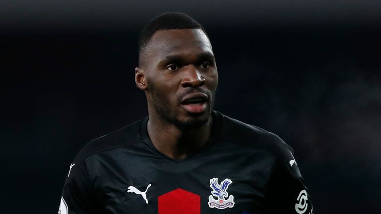 Crystal Palace's Christian Benteke during the English Premier League soccer match between Arsenal and Crystal Palace at Emirates Stadium in London, Thursday, Jan. 14, 2021. (AP Photo/Alastair Grant, Pool)
