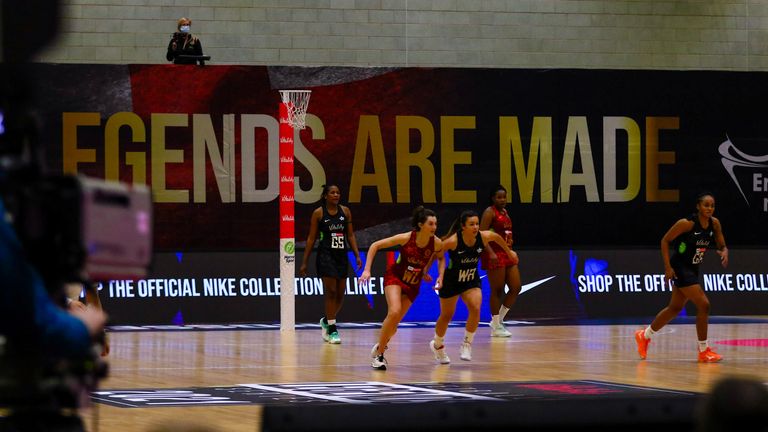 Beth Cobden made her return to court against the Vitality Netball Superleague All Stars (Credit Ben Lumley)