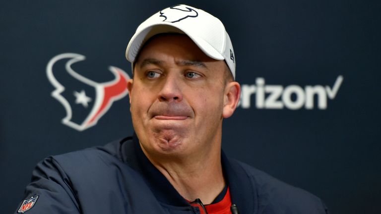 Houston Texans head coach Bill O'Brien speaks during a news conference following an NFL divisional playoff football game between the Kansas City Chiefs and the Houston Texans, in Kansas City, Mo., Sunday, Jan. 12, 2020. The Kansas City Chiefs won 51-31. (AP Photo/Ed Zurga)