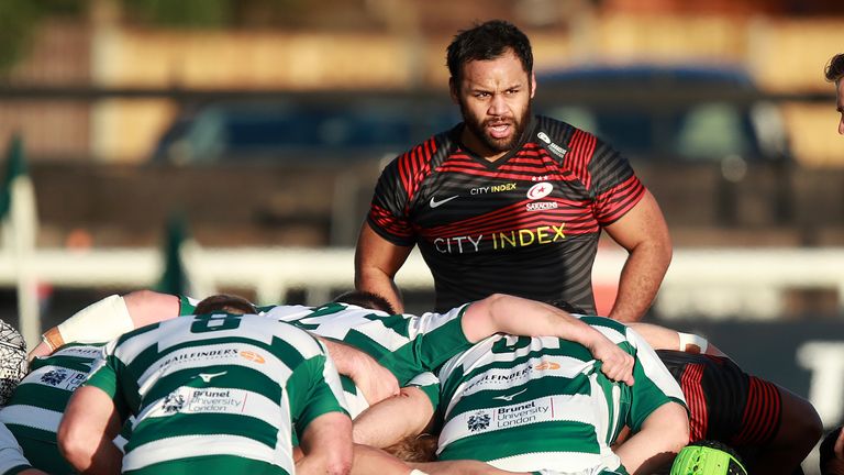 EALING, ENGLAND - JANUARY 16: Billy Vunipola of Saracens looks on during the Trailfinders Challenge Cup match between Ealing Trailfinders and Saracens at the Trailfinders Sports Club on January 16, 2021 in Ealing, England. (Photo by David Rogers/Getty Images)