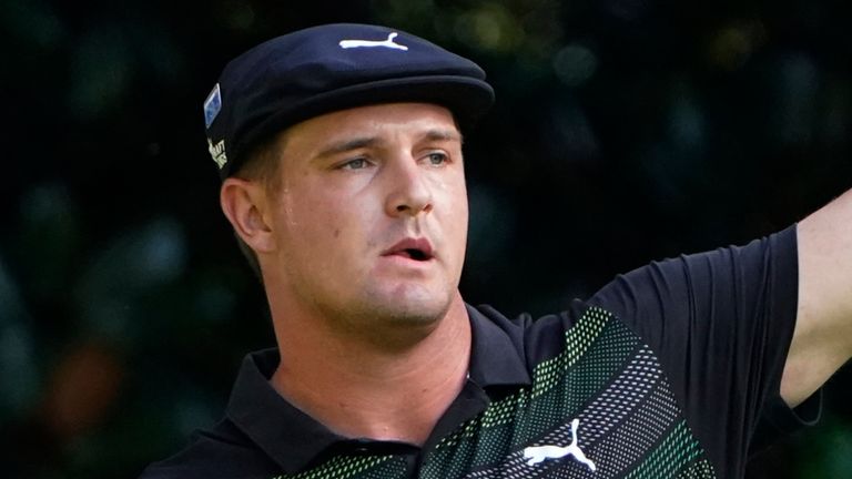Bryson DeChambeau reacts to his tee shot on the 11th hole during the first round of the Masters golf tournament Thursday, Nov. 12, 2020, in Augusta, Ga. (AP Photo/Chris Carlson)