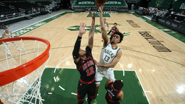 Jordan Nwora #13 of the Milwaukee Bucks drives to the basket during the game against the Chicago Bulls