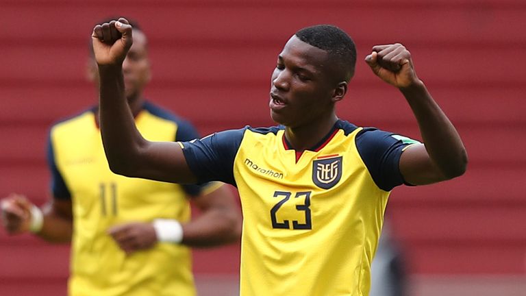 Ecuador's Moises Caicedo celebrates after scoring his side's opening goal during a qualifying soccer match against Uruguay for the FIFA World Cup Qatar 2022 at the Casa Blanca stadium in Quito, Ecuador, Tuesday, Oct. 13, 2020. (Jose Jacome/Pool via AP)