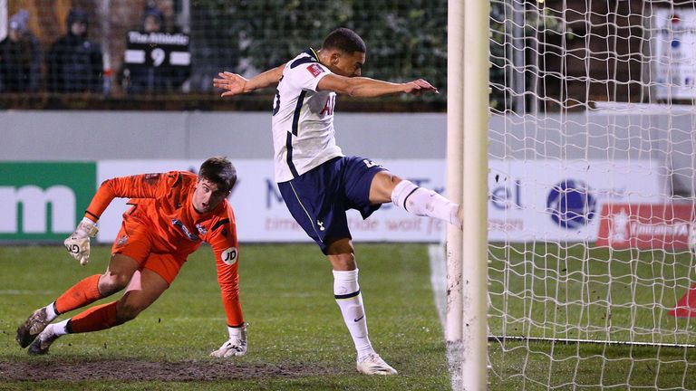 Carlos Vinicius hammers home Tottenham's opening goal against Marine from close range