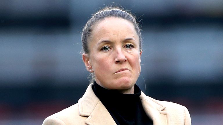 Manchester United manager Casey Stoney watches over the pre-match warm up prior to the beginning of the FA Women&#39;s Super League match at Leigh Sports Village.