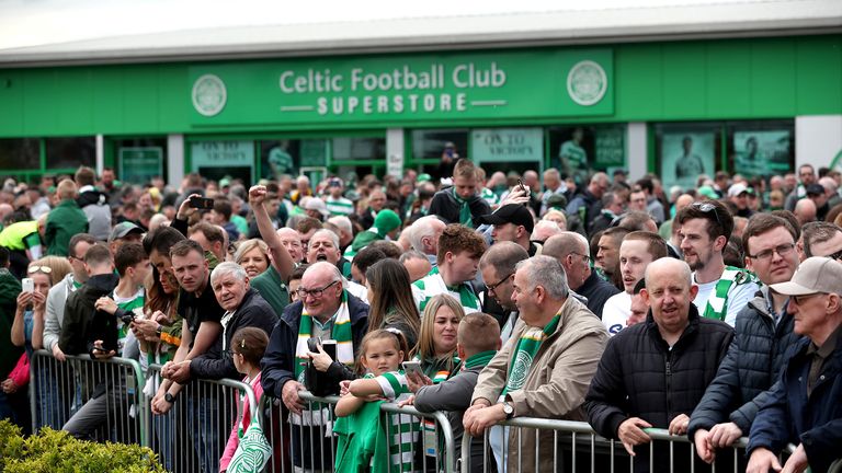 A general view of Celtic fans outside the stadium ahead of the Ladbrokes Scottish Premiership match at Celtic Park, Glasgow.
