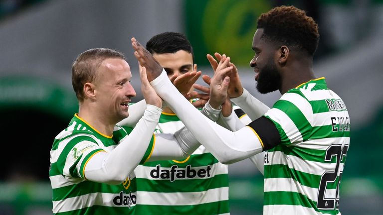 Odsonne Edouard celebrates with Leigh Griffiths as Celtic beat Hamilton 2-0