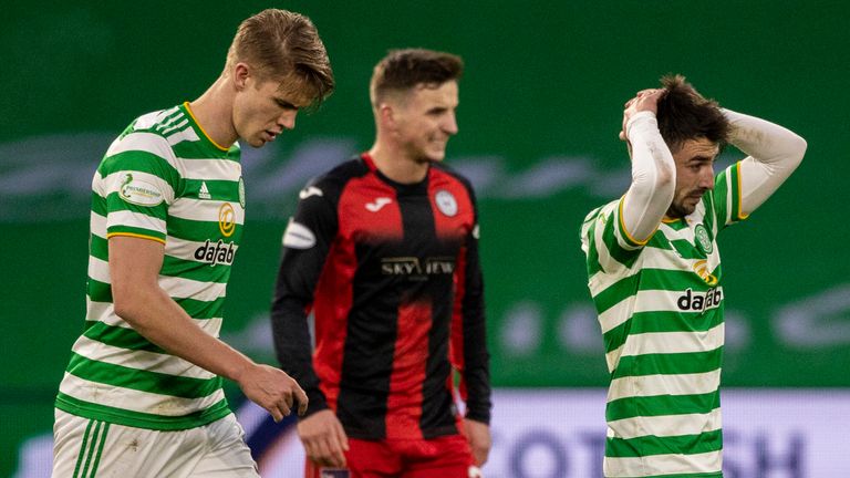 Celtic's Greg Taylor is left dejected during a Scottish Premiership match between Celtic and St Mirren