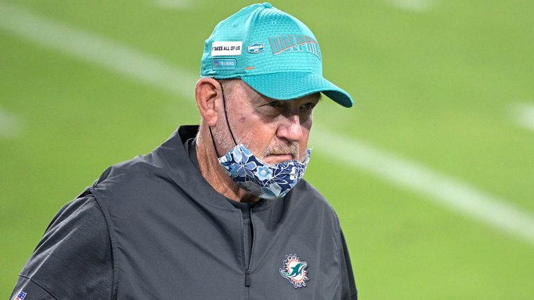 Miami Dolphins offensive coordinator Chan Gailey walks on the field before an NFL football game against the Jacksonville Jaguars, Thursday, Sept. 24, 2020, in Jacksonville, Fla. (AP Photo/Phelan M. Ebenhack)