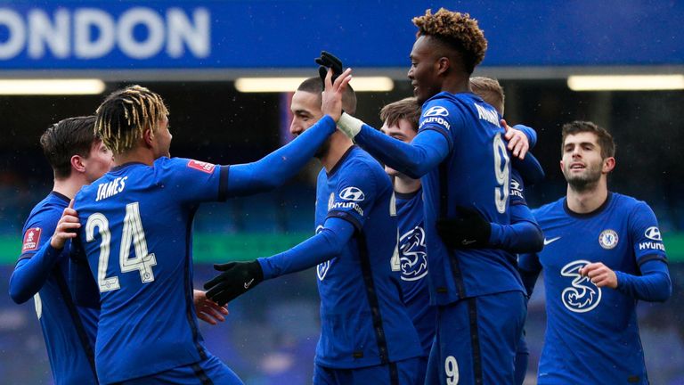 Chelsea's Tammy Abraham (front right) celebrates with team-mates after scoring his first goal against Luton