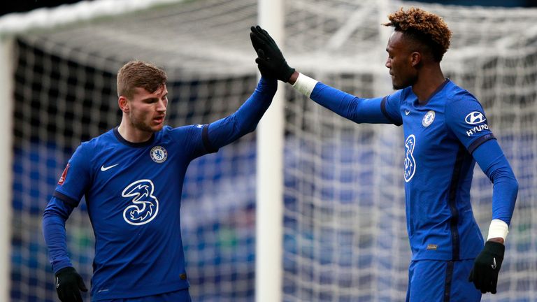 Chelsea's Tammy Abraham celebrates with team-mate Timo Werner after scoring his side's second goal against Luton