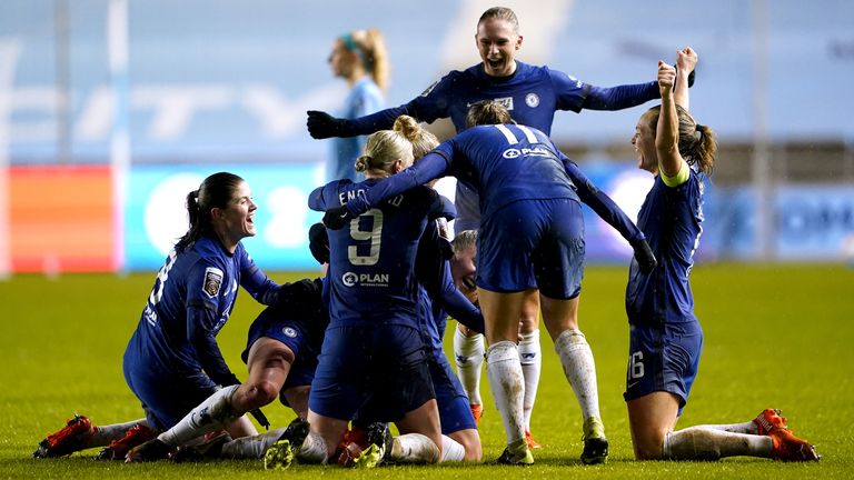 Chelsea celebrate during their 4-2 Women&#39;s League Cup quarter-final victory over Manchester City