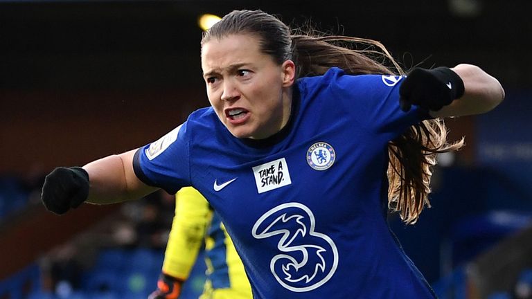 Fran Kirby of Chelsea celebrates scoring the 2nd Chelsea goal during the Barclays FA Women's Super League match between Chelsea Women and Manchester United Women at Kingsmeadow