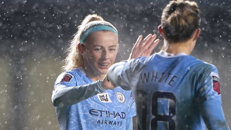 Manchester City forward Chloe Kelly celebrates levelling the score at 1-1 during her side's League Cup quarter-final against Chelsea