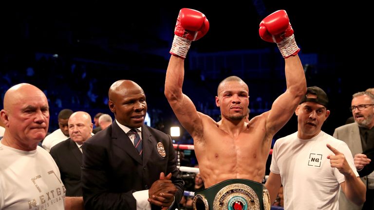 Chris Eubank Jr (second right) celebrates his victory against James DeGale in the Vacant Ibo Super-Middleweight Championship match with his dad Chris Eubank and trainer Ronnie Davis at the O2 Arena, London. PRESS ASSOCIATION Photo. Picture date: Saturday February 23, 2019. See PA story BOXING London. Photo credit should read: Nick Potts/PA Wire