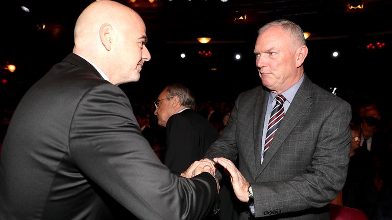 Pictured with FIFA president Gianni Infantino (L) back in 2017, Greg Clarke stood down from his vice-presidency role last year
