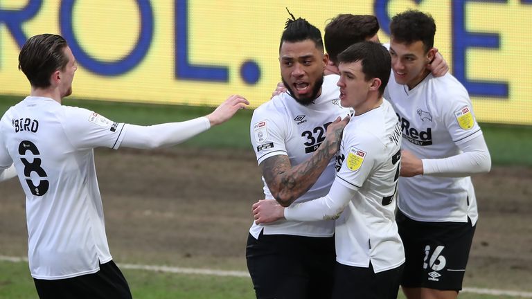 Derby County's Colin Kazim-Richards (2nd left) celebrates scoring their side's first goal