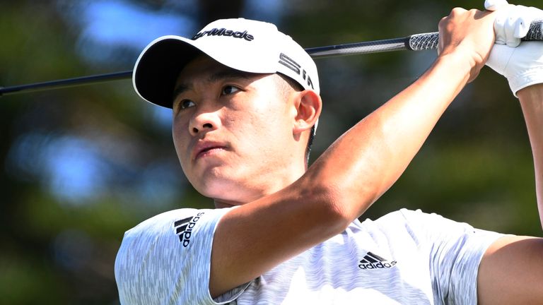 Collin Morikawa hits during the first round of the Tournament of Champions golf event, Thursday, Jan. 7, 2021, at Kapalua Plantation Course in Kapalua, Hawaii. (The Maui News, Matthew Thayer, via AP)