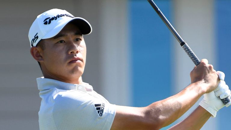 Collin Morikawa plays his shot from the first tee during the third round of the Tournament of Champions golf event, Saturday, Jan. 9, 2021, at Kapalua Plantation Course in Kapalua, Hawaii. (Matthew Thayer/The Maui News via AP)