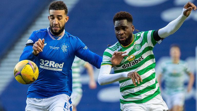 GLASGOW, SCOTLAND - JANUARY 02: Rangers' Connor Goldson (left) holds off Celtic's Odsonne Edouard during a Scottish Premiership match between Rangers and Celtic at Ibrox Stadium, on January 02, 2021, in Glasgow, Scotland (Photo by Craig Williamson / SNS Group)