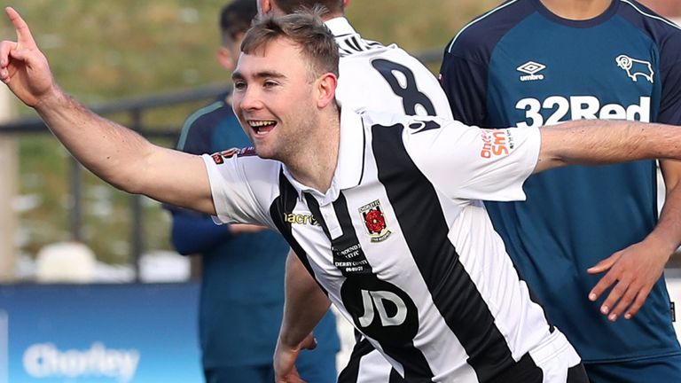 Connor Hall celebrates after giving Chorley the lead against Derby in the FA Cup third round