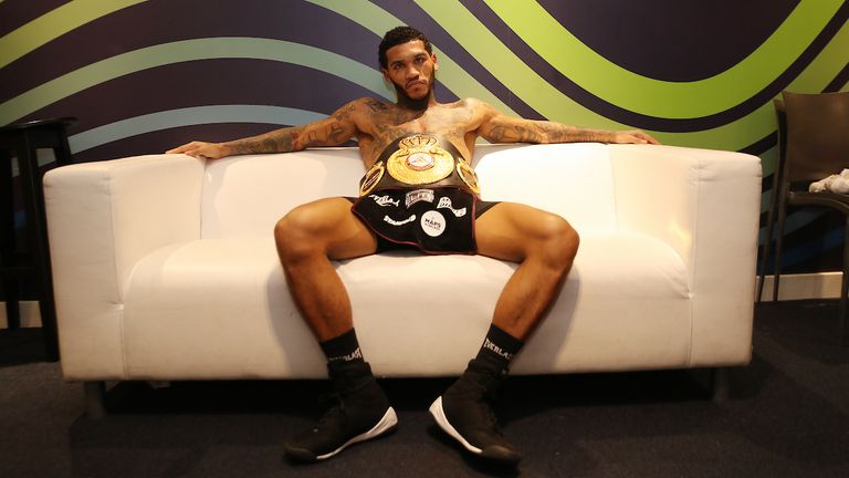 HANDOUT PICTURE COMPLIMENTS OF MATCHROOM BOXING.Benn vs Formella Fight Night.21 November 2020.Picture By Mark Robinson.Conor Ben relaxes with his belt after his win.            