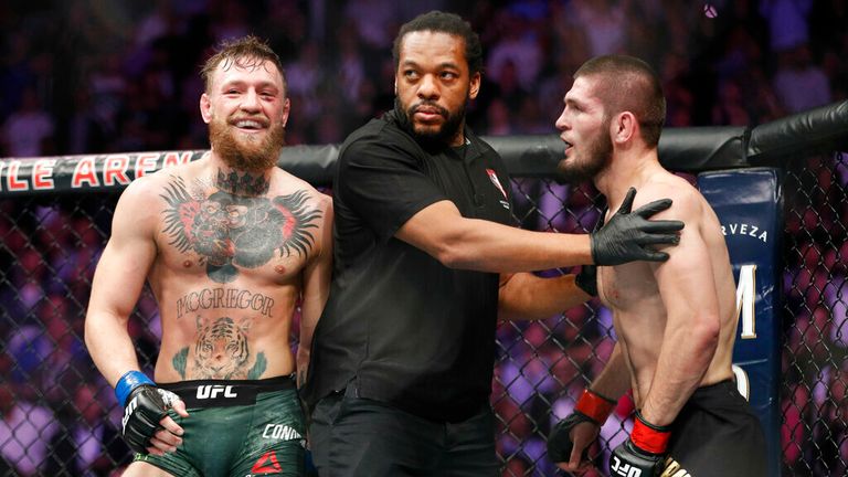 AP - Conor McGregor, left, fights Khabib Nurmagomedov are separated during a UFC 229 mixed martial arts bout in Las Vegas.