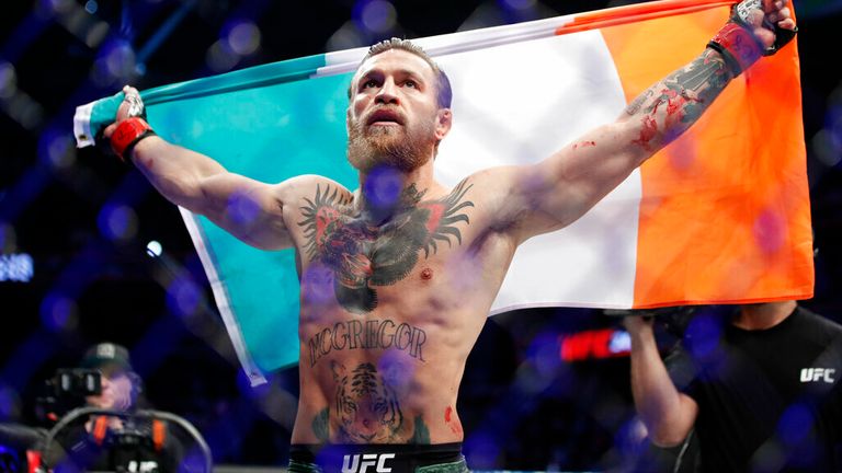 AP - Conor McGregor celebrates after defeating Donald &#34;Cowboy&#34; Cerrone during a UFC 246 welterweight mixed martial arts bout Saturday, Jan. 18, 2020, in Las Vegas