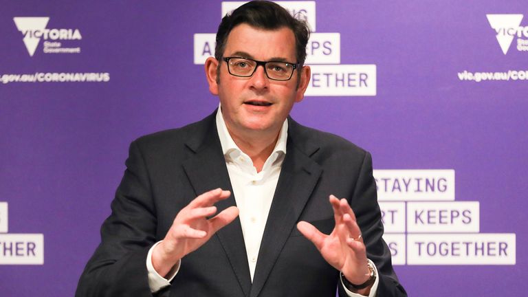 Premier of Victoria state, Daniel Andrews addresses the media during his daily televised press conference in Melbourne, Australia, Wednesday, Oct. 28, 2020.