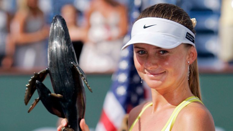 Daniela Hantuchova poses with her trophy after defeating Svetlana Kuznetsova of during their final match at the Pacific Life Open in 2007 (AP Photo/Mark J. Terrill)