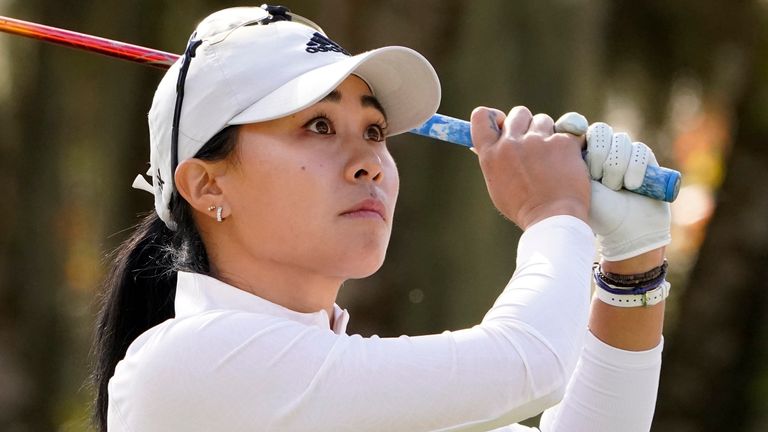Danielle Kang watches her shot off the third tee during the first round of the U.S. Women's Open golf tournament in Houston, Thursday, Dec. 10, 2020. (AP Photo/Eric Gay)
