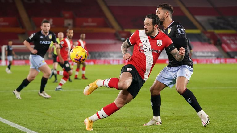 Danny Ings controls the ball under pressure from Douglas Luiz (AP)