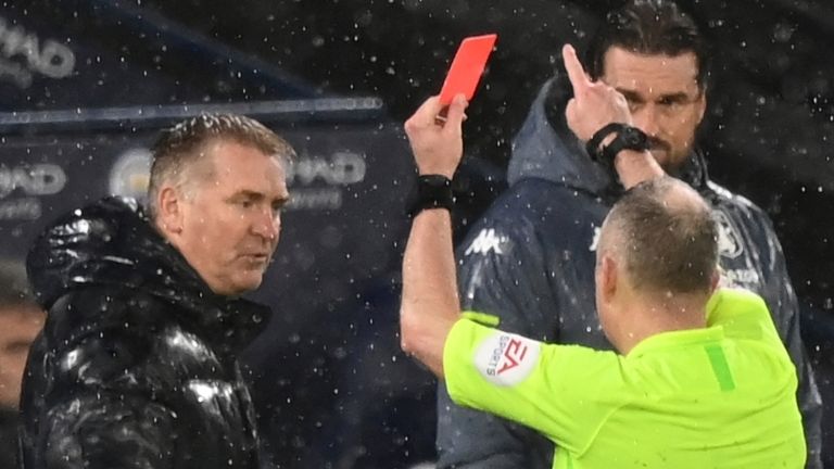 Aston Villa boss Dean Smith was sent off by referee Jon Moss for his comments made to the official after Rodri's part in Manchester City's opener
