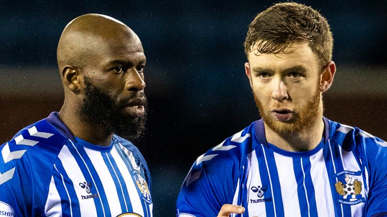 KILMARNOCK, SCOTLAND - JANUARY 09: Kilmarnock debutant Diaguely Dabo next to Stuart Findlay during a Scottish Premiership match between Kilmarnock and Hamilton at Rugby Park on January 09, 2021, in Kilmarnock, Scotland. (Photo by Alan Harvey / SNS Group)