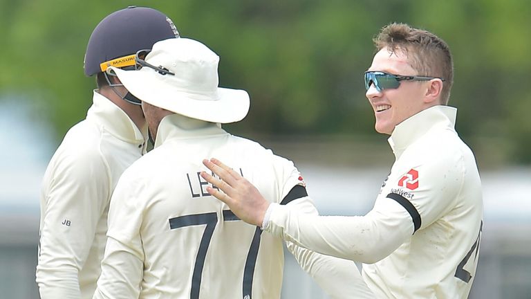 Dom Bess celebrates after taking a wicket on day one of the first Test between Sri Lanka and England in Galle