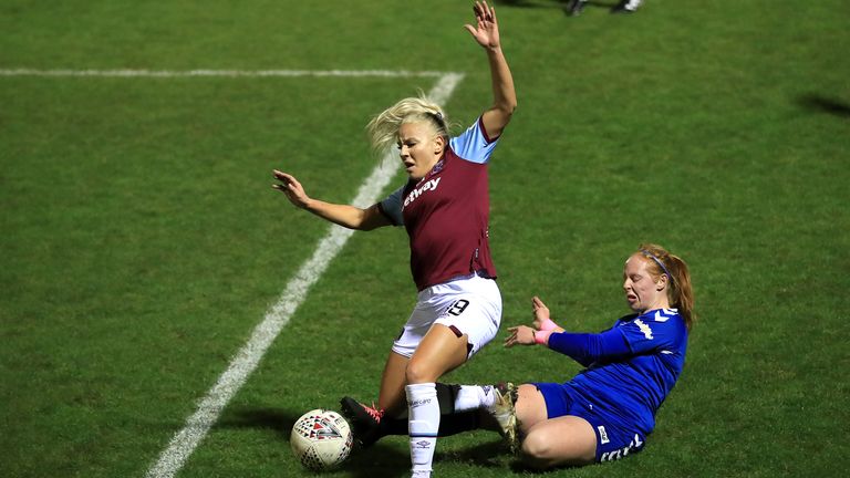 Durham's Kathryn Hill (right) tackles West Ham's Adriana Leon during the Women's League Cup quarter-finals