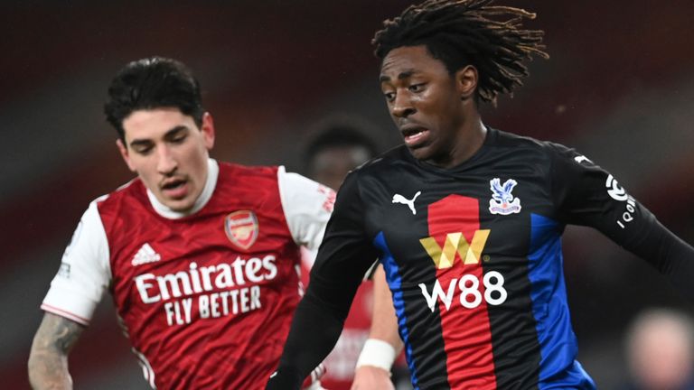 Eberechi Eze fends off Arsenal defender Hector Bellerin 