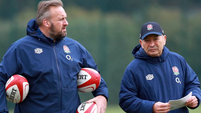 Eddie Jones (right) is self-isolating after forwards coach Matt Proudfoot (left) tested positive for coronavirus