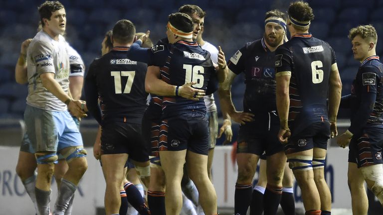 Edinburgh players embrace at the final whistle during the Guinness PRO14 match at BT Murrayfield, Edinburgh.