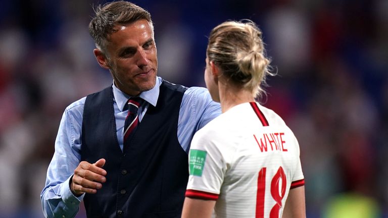 England v USA - FIFA Women's World Cup 2019 - Semi Final - Stade de Lyon
England head coach Phil Neville (left) and Ellen White after the final whistle during the FIFA Women's World Cup Semi Final match at the Stade de Lyon.