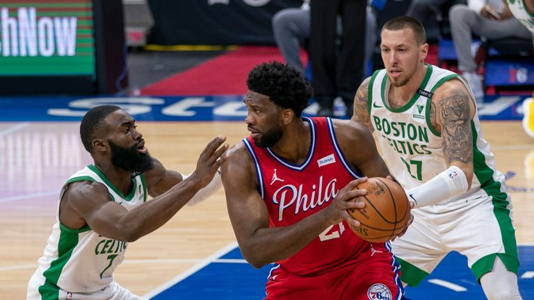 Philadelphia 76ers&#39; Joel Embiid, center, in action against Boston Celtics&#39; Jaylen Brown, left, and Daniel Theis, right, during the first half of an NBA basketball game, Friday, Jan. 22, 2021, in Philadelphia. The 76ers won 122-110. (AP Photo/Chris Szagola)


