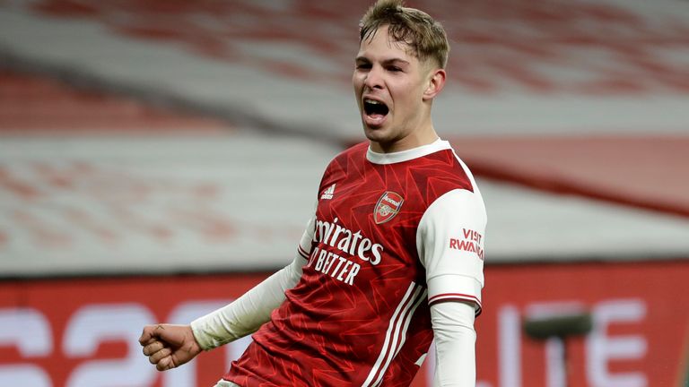 Emile Smith Rowe celebrates giving Arsenal the lead against Newcastle in extra time