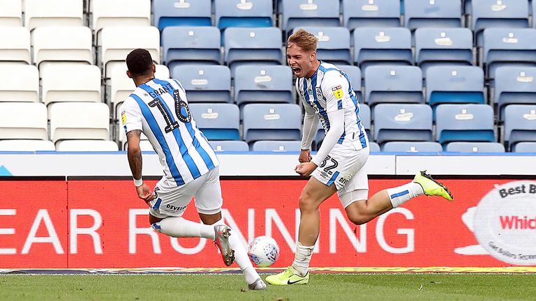 Huddersfield Town's Emile Smith Rowe celebrates scoring his side's second goal of the game during the Sky Bet Championship match at the John Smith's Stadium, Huddersfield. Friday July 17, 2020. 